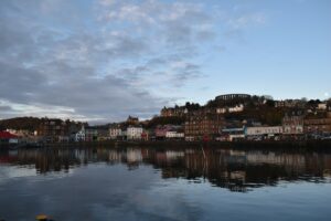 Oban Bay looking towards the town and McCaig's Tower