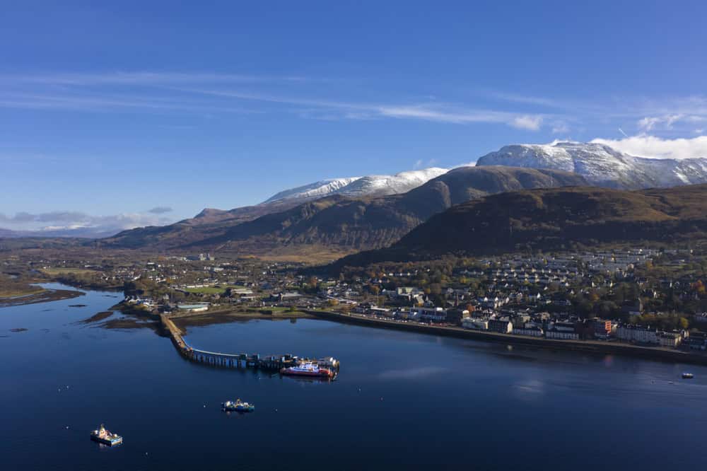 Ariel view of Fort William with Ben Nevis in the distance